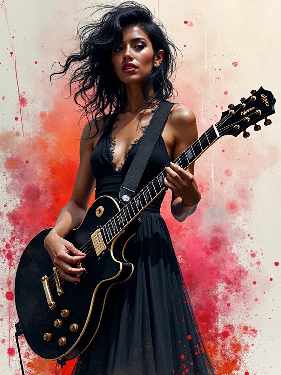 Colorful ink splatter art featuring a woman in a black dress holding a guitar against a splattered background. Highly detailed and vibrant artwork.
