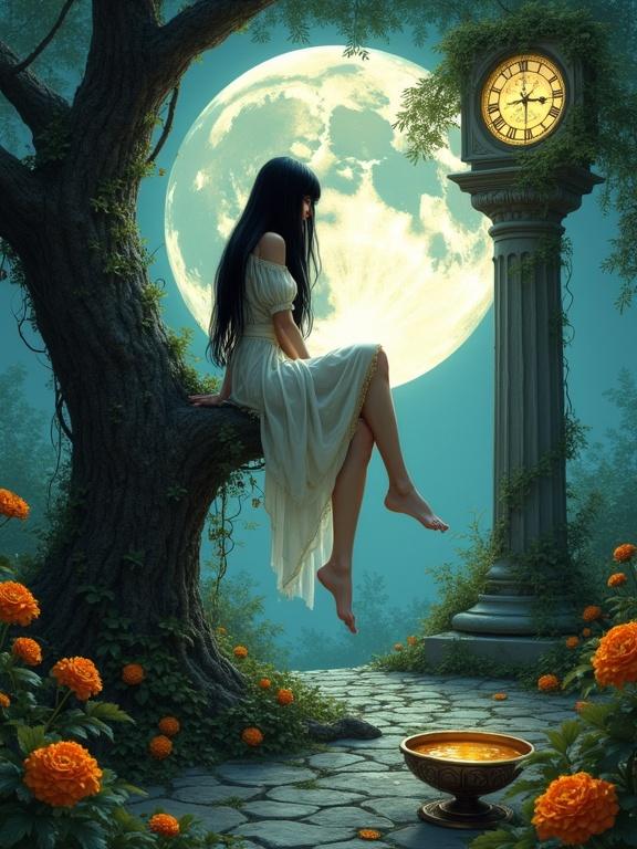 Digital fantasy illustration of a young woman with long black hair sitting on a thick tree branch in a moonlit garden. She wears a white dress with gold trim and translucent panels. The glowing full moon in the background has mystical symbols. A tall stone pillar with a clock face stands nearby. Orange marigold flowers cover the stone pavement. A bronze bowl with golden liquid is beneath the branch. Sharp details and dramatic lighting enhance the scene.
