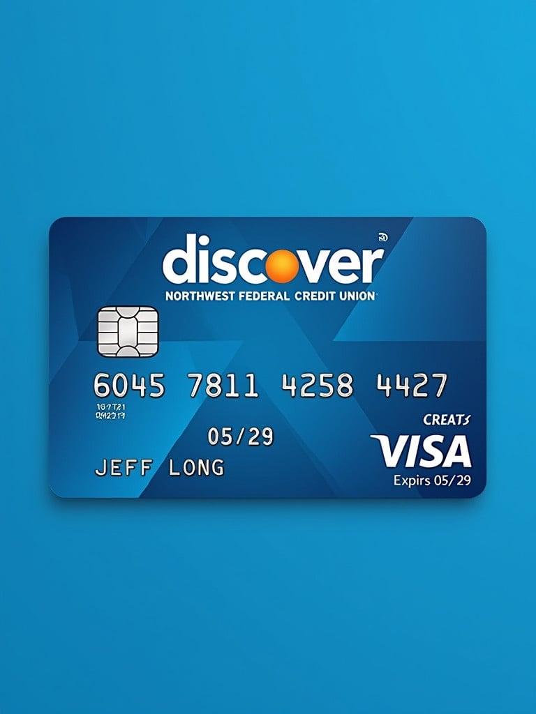 Realistic credit card image with Discover logo and Northwest Federal Credit Union. Card number 6045 7811 4258 2427 shows last four digits. Name Jeff Long aligned clearly. Expiry date 05/29 shown. Clean design against blue background.