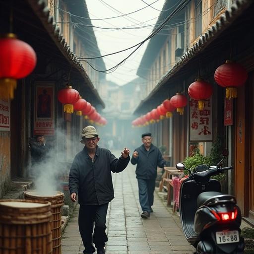 Traditional shikumen lane at morning. Elderly residents practice tai chi near noodle stall. Steam curls from bamboo steamers. Red lanterns sway in breeze. Worn wooden doors and peeling propaganda posters in alley. Moped passes with fresh vegetables. Morning mist present. Narrow depth of field used. Shot on Fujifilm X-T4.
