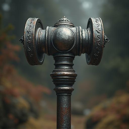 A sturdy handle mace with a flanged head made of polished metal. An intricately detailed illustration, showing exquisite textures and shading for an immersive effect.
