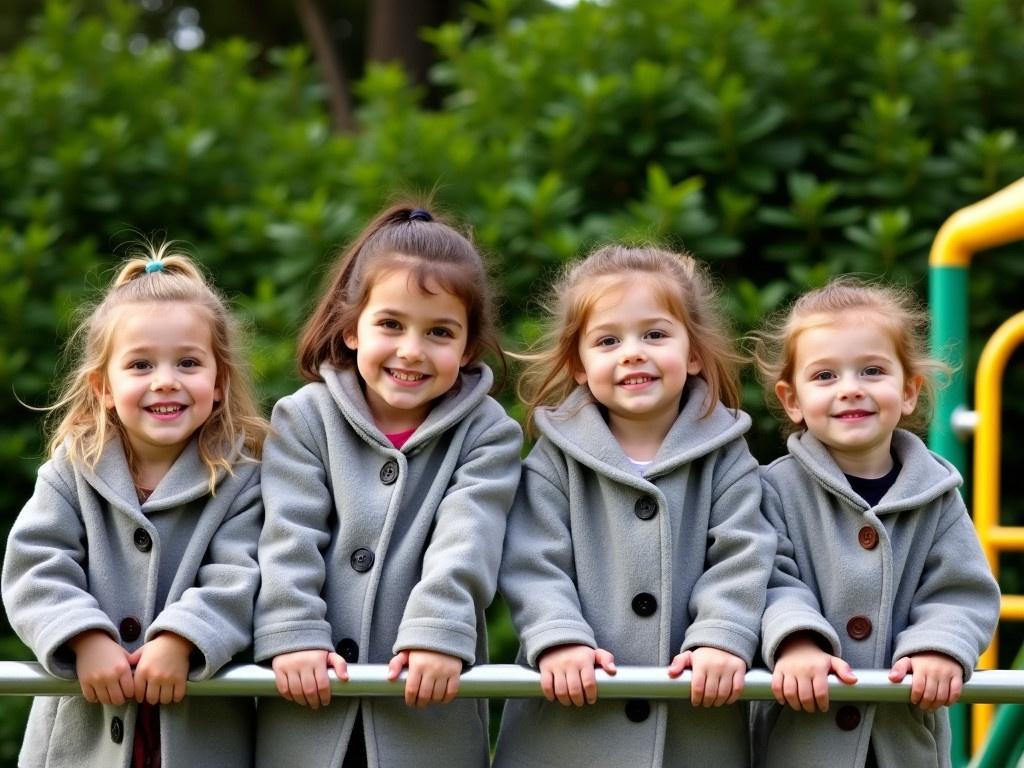 Four children are playing at a playground. They are standing on a horizontal bar, holding on with their hands. Each child is dressed in a gray coat with their sleeves rolled down. The background consists of lush green bushes, offering a vibrant contrast to the playful scene. The children show cheerful expressions, enjoying the moment together. The playground features colorful structures, mainly yellow and green, enhancing the lively atmosphere. This picture captures a fun day outdoors, showcasing friendship and play.