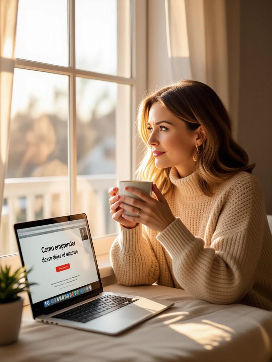 Mother looking thoughtfully out the window in the morning holding a cup of coffee. Laptop next to her with a paused video titled 'Cómo emprender desde casa sin dejar tu empleo.' Soft sunlight through curtains. Warm tones in the scene.