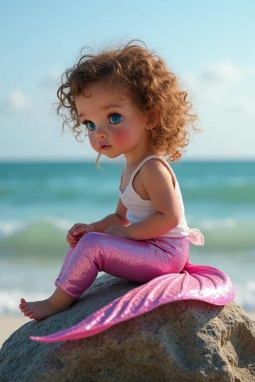 A mermaid toddler around three years old with curly brown blonde hair and beautiful features sits on a rock by the ocean. Pink glimmering tail and blue eyes are visible. Wearing a white string vest top. Looking towards the shore.