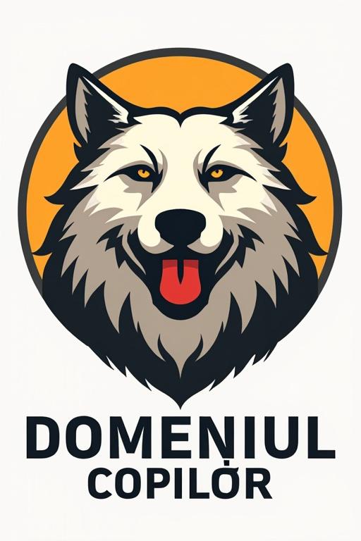 Logo design featuring a wolf's face. Wolf has orange background. Text below the wolf says 'Domeniul Copiilor.'