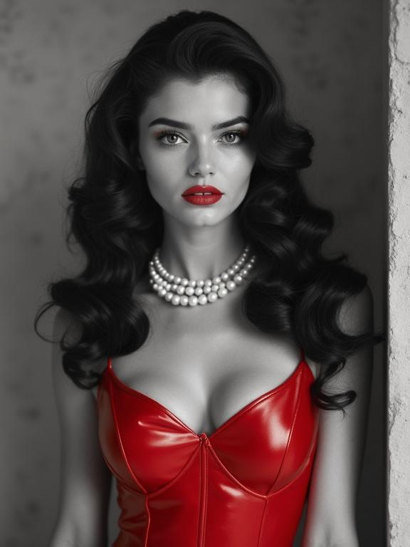 A pin-up style photograph featuring a woman with long wavy hair. The woman wears a bold red dress and pearl necklace. Background is monochromatic. The focus is on her expression and outfit.