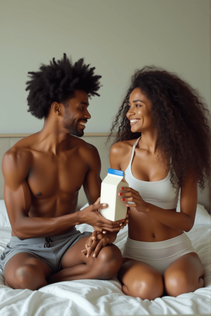 A happy couple sits on a bed in minimal attire, sharing a carton of milk and smiling at each other.