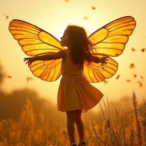 A girl with butterfly wings resembling honey. She wears a yellow dress. The background is filled with warm colors and nature. The scene captures a magical moment.