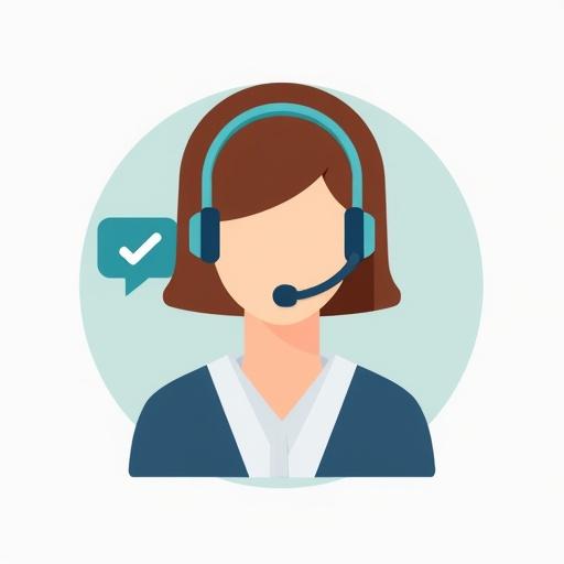 Flat design illustration of a customer service agent wearing a headset. The agent is looking directly at the viewer. There is a chat bubble with a checkmark next to the agent. Simple and clean design with a soft color palette.