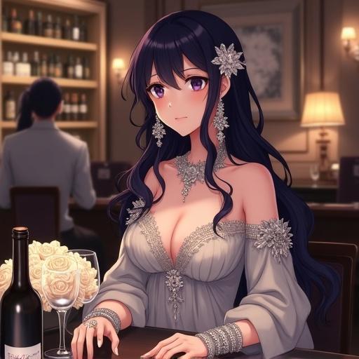 An anime woman with long dark violet wavy hair and expressive violet eyes. She wears an elaborate light grey dress with a deep V-neckline and lace detailing. The dress is flowy with sheer sleeves. Her jewelry is ornate, including dangling earrings and a statement necklace. She has a soft expression and looks slightly to her right. The background is an elegant dimly lit restaurant setting with warm lighting.
