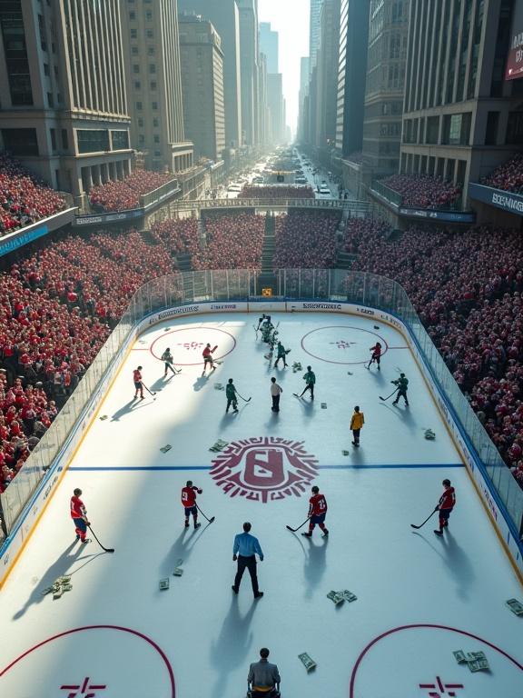 An ultra-wide high-resolution overhead photograph of a full-sized NHL ice hockey rink filled with players. Players in vivid uniforms stand shoulder to shoulder on the ice. The rink features NHL markings and arena boards. The camera captures a quiet yet tense mood. In the background, tall buildings frame the scene with some parked cars. Crumpled US hundred-dollar bills are scattered on the street. Lighting is soft and natural with realistic shadows. The scene is photorealistic with detail and depth of field.