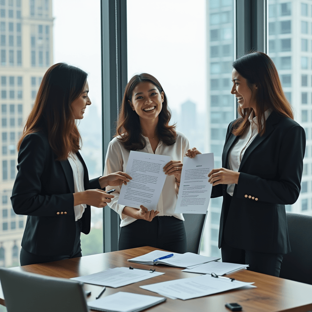 Three women in business attire happily engage in a discussion, holding documents in a brightly lit office with city views.