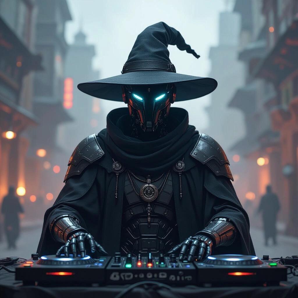 Dark cyborg wizard DJ at an album cover. Robot with glowing blue eyes wearing a hat. DJ equipment in front with an ambiance. City backdrop creates a mysterious atmosphere.
