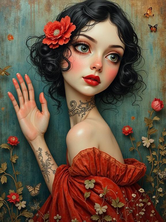 Portrait of a whimsical woman with bright red flowers in hair. Her captivating gaze draws viewers in. An intricately designed choker adorns her neck. Soft, flowing orange garment enhances her presence. Surrounded by delicate flowers and butterflies, blending reality with fantasy.