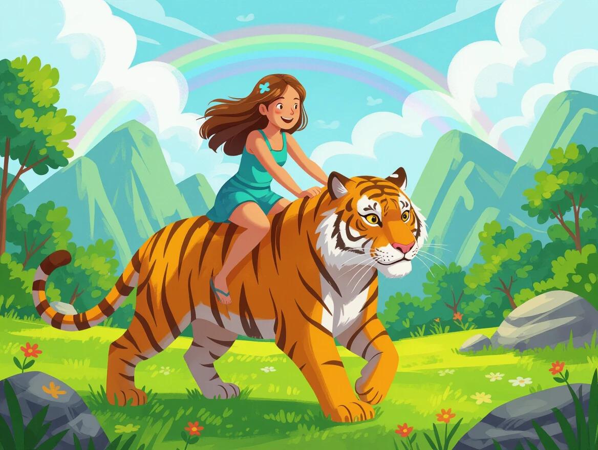 A girl in a turquoise dress rides a tiger through a picturesque paradise. The scene features rolling green hills, a rainbow in the sky, and vibrant flora. The tiger appears proud and majestic. The atmosphere is joyful and adventurous.