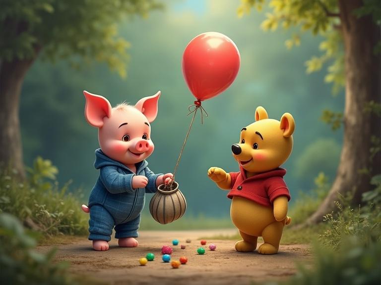 Piglet in blue plaid jumpsuit smiles while holding a helium balloon and balls on forest edge. Winnie the Pooh looks surprised beside him. Scene is cozy and joyful, represents Soviet cartoon style.