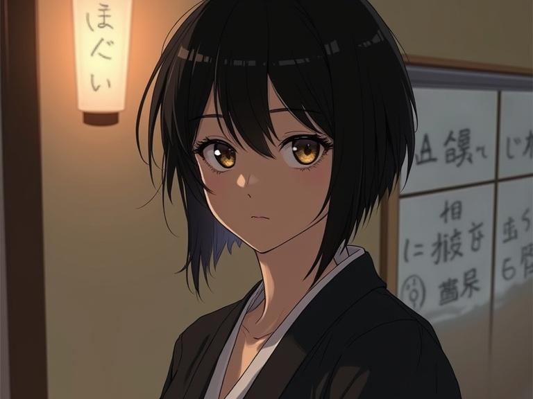 High-resolution illustration of a female character in a ninja outfit. Soft lighting enhances her features. She has short black hair and is depicted with a serene expression.