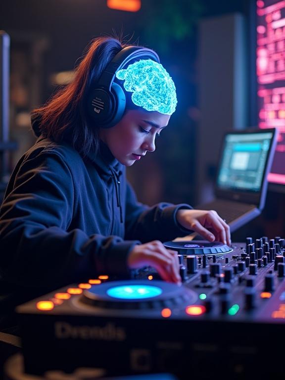 Brain depicted as a DJ mixer. Female DJ in a studio environment wearing headphones. Mixing music on an audio mixing board. Illuminated brain visualizing sound.