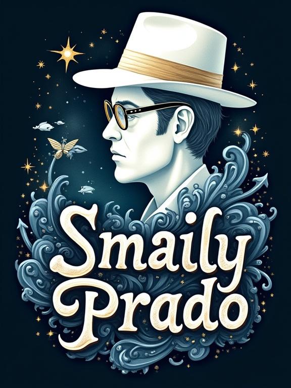 Stylized logo representing Smaily Prado. Features an illustration of a man in a white fedora. Surrounding swirling elements represent fantasy and imagination. Stars, floating books, clock gears, cosmic energy, and ancient runes enhance the design. Painterly and expressive style blends organic and futuristic motifs. The name 'Smaily Prado' in cursive or typewriter-style font is displayed below. The color palette includes deep blues, silver, white, and golden highlights. The overall atmosphere is magical and mysterious.