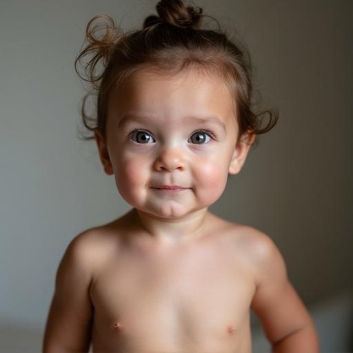 A child without arms, looking directly at the camera with a joyful expression. Soft lighting creates a warm atmosphere. The child's curly hair adds a playful element.