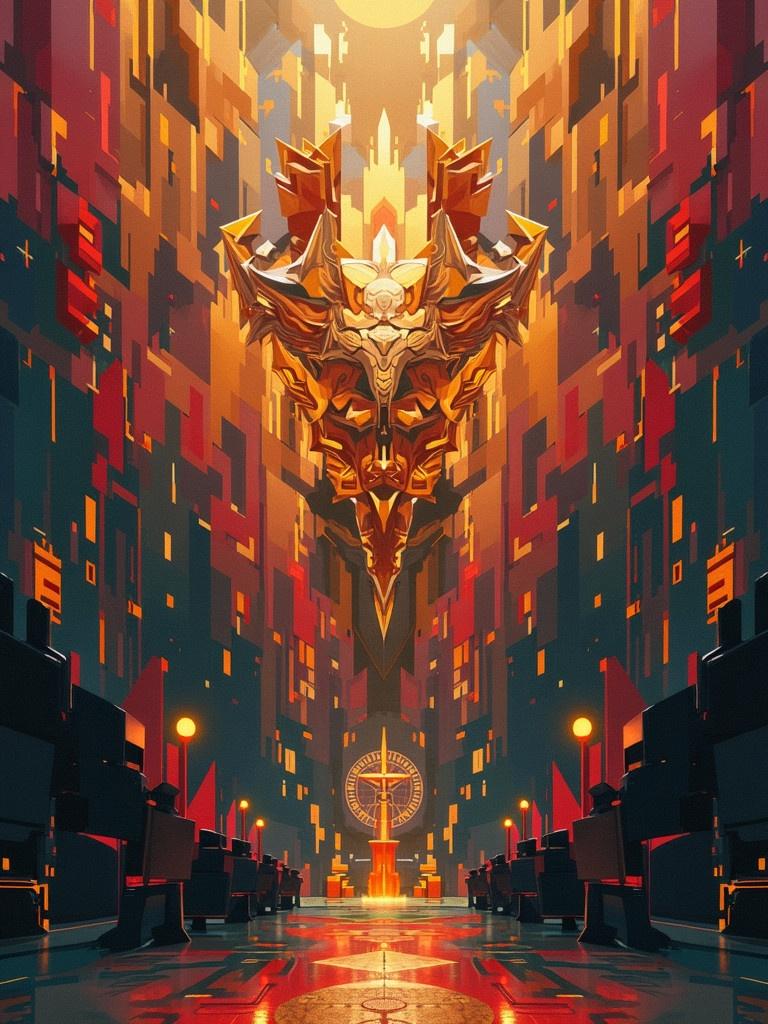 A striking illustration featuring a large golden geometric shape that resembles a dragon or mask. The scene is set in a grand hall with towering geometric structures. The background features red and orange hues against dark blues and blacks, creating a dramatic effect. There are symbolic elements like a circular motif at the base, adding to the mystical atmosphere.