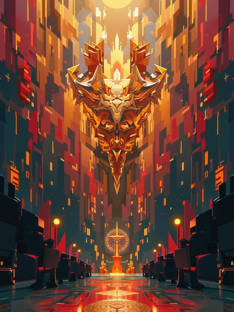 A striking illustration featuring a large golden geometric shape that resembles a dragon or mask. The scene is set in a grand hall with towering geometric structures. The background features red and orange hues against dark blues and blacks, creating a dramatic effect. There are symbolic elements like a circular motif at the base, adding to the mystical atmosphere.