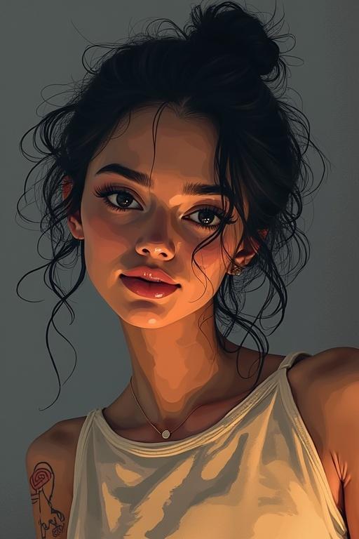 Portrait of a young woman with a warm expression and soft lighting. The image features her face, styled hair, and delicate accessories.