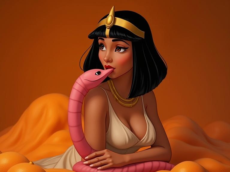 A character resembling Cleopatra in elegant pose engaging with a pink worm against an orange tangerine background. Dramatic and colorful composition with influences from a Disney animation style.