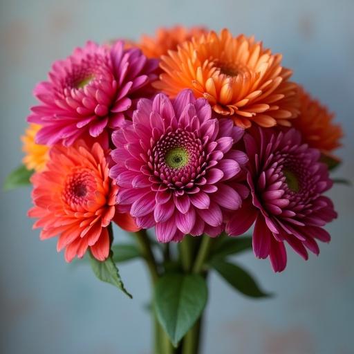 Bouquet of red, purple, orange hydrangeas. Close-up arrangement with lush petals. Green leaves complement the flowers. Soft background enhances color vibrancy.