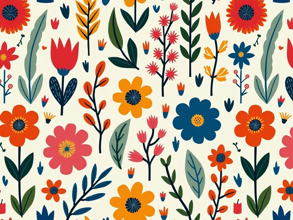 The image features a vibrant and colorful floral pattern. It includes various types of flowers in shades of red, orange, yellow, blue, and green. The flowers are arranged artistically with leaves and additional small blooms. The background is a light, neutral color, which highlights the bright floral designs. This pattern could be used for fabrics, wallpapers, or other decorative items.