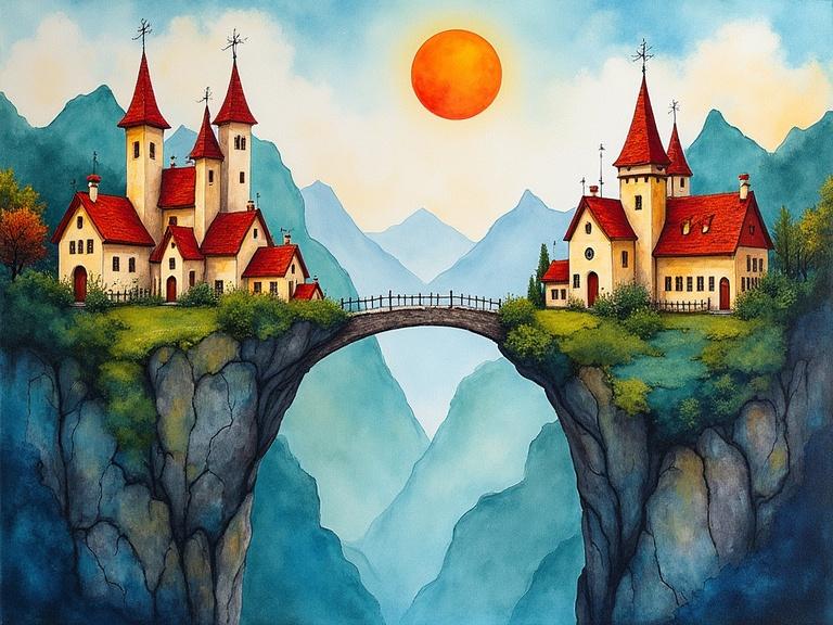 Two whimsical villages are depicted on high mountains. A delicate bridge connects them. Alcohol ink and watercolor techniques enhance the art. The style is inspired by Jackson Pollock and Gustav Klimt. The image features 8k resolution and is of masterpiece quality with a vibrant color palette and medium grain texture.