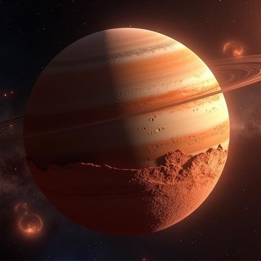Generate image of a planet with reddish sands, mountain ranges at equator, craters, active volcanoes, reddish-yellowish poles. Include a rough moon and concentric rings. Set in cosmic space with stars.