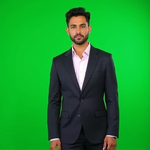 Ultra-realistic full-body photo of a Brazilian male news reporter. Light brown skin and naturally straight hair, short length styled with volume. Clean and professional look. Wearing a suit and blazer. Standing upright, facing the camera with a serious expression. Looking directly at the lens, arms relaxed at the sides. Centered composition in front of a green chroma key background. No objects are around. Wide studio shot with clean lighting.