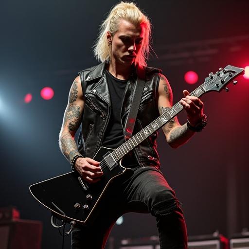 A guitarist performs on stage while playing an electric guitar. The guitarist has black eyes and a wavy blonde mullet. Tattoos cover the biceps. He wears torn black skinny jeans and a studded leather jacket. Shoes are oversized and stained. Stage lights create a vibrant atmosphere.