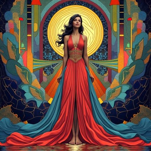 Art Deco goddess in flowing robes stands amid geometric patterns. Bright stained glass colors create op art effect. Surrealist themes dominate the design.