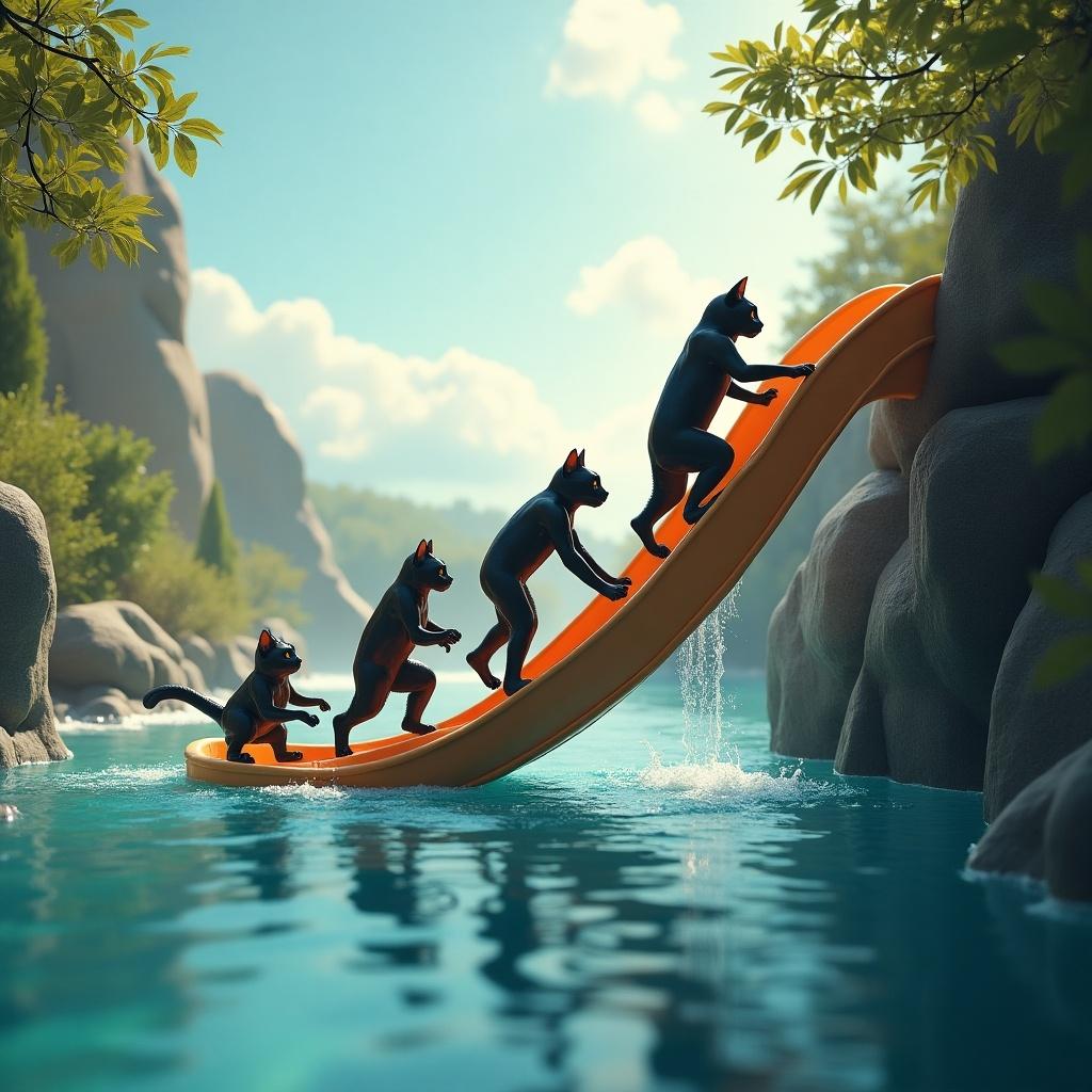 Cats climbing an orange water slide beside a tranquil blue river. Surrounded by lush greenery and rocky landscape. Fun, playful atmosphere with clear water splashing.