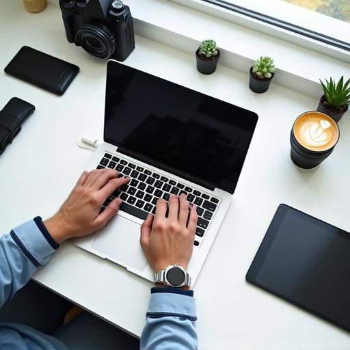 Photograph of a desk setup viewed from above features a man typing on a silver laptop with a black keyboard. The left hand is on the keyboard while the right hand rests on the wrist. He is wearing a light blue long sleeve shirt with dark stripes on the cuffs. A silver watch is visible on the wrist. The white desk displays a black camera with lens, a black phone, a coffee cup with latte art, and two small succulent plants. There is a black wallet and tablet on the left, and a black mouse on the right. The scene is organized, showcasing a modern and minimalistic style in natural light.
