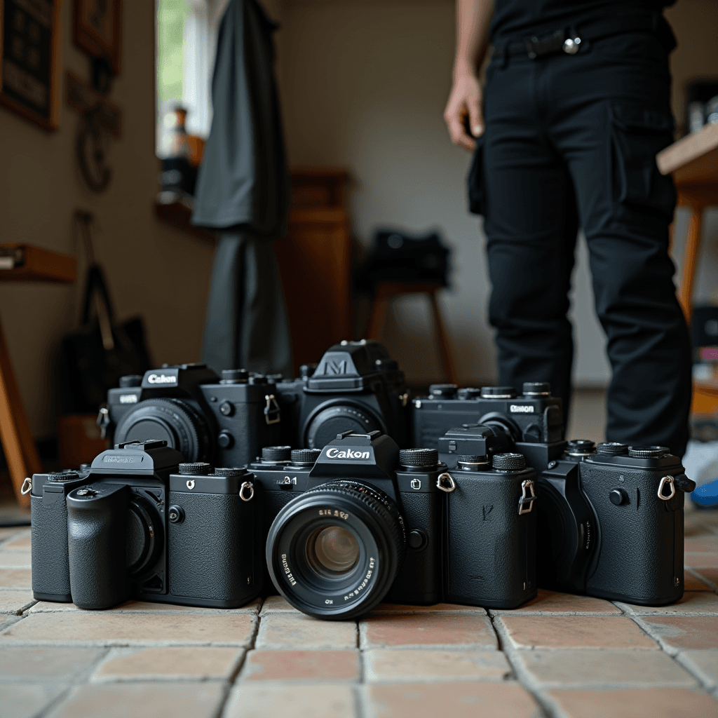 The image showcases a collection of digital cameras arranged on a patterned tile floor. Each camera features brand names that are deliberate misspellings or amalgamations of well-known ones, such as 'Cakon' and others. There is a soft focus on a figure standing in the background, presumed to be the owner or photographer. The setting appears to be indoors, possibly a home office or studio, with some wooden furniture and clothing visible in the background. The scene conveys a sense of passion for photography and an emphasis on the various types of camera gear one can accumulate over time.