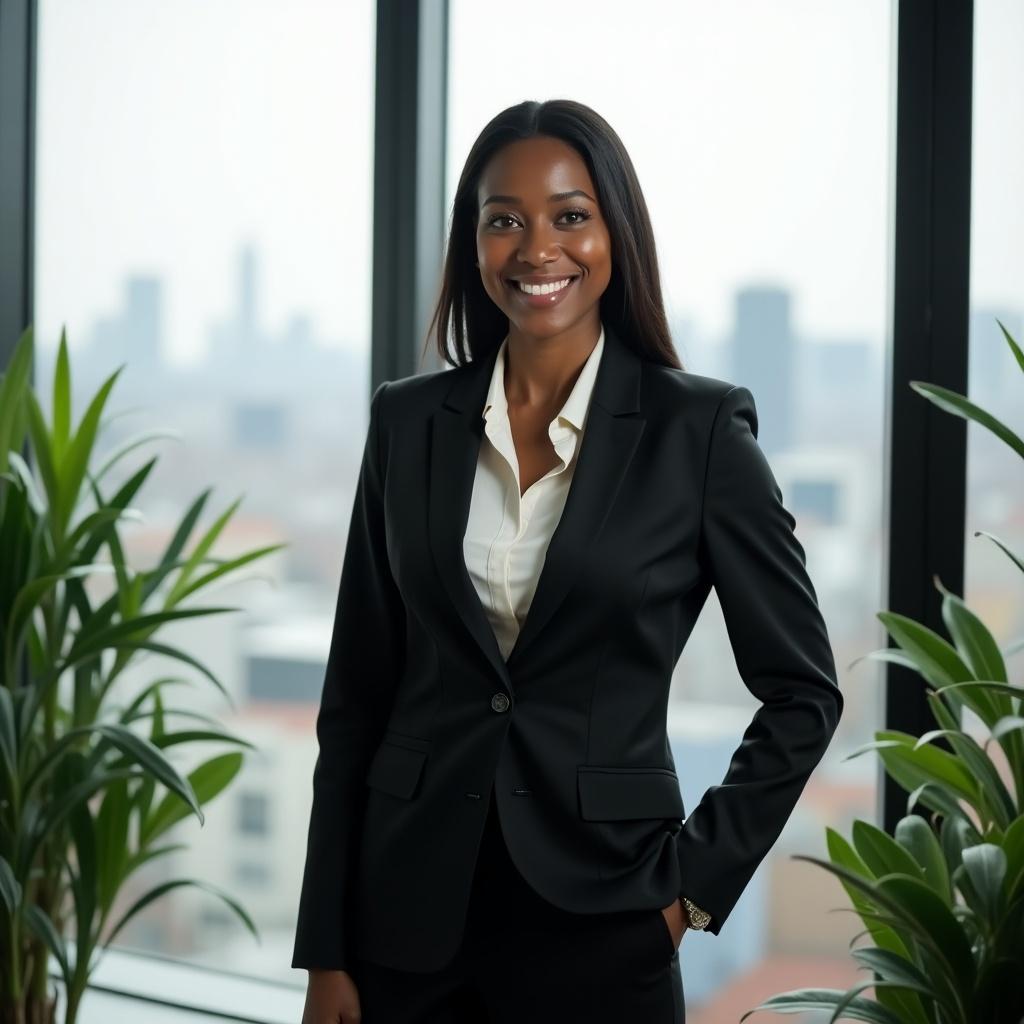 Female CEO in black business suit stands confidently in an office. Plants in the background create a professional atmosphere. City skyline visible through window.