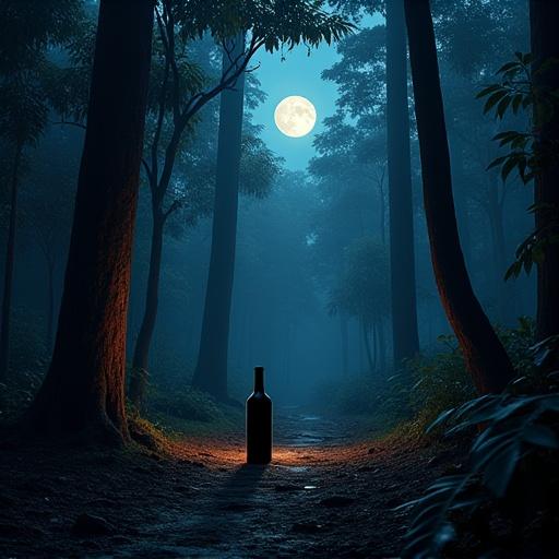 Scene set in deep ancient tropical forest. Towering trees wrapped in vines and moss. Absolute night with darkness enveloping every corner. Dense vegetation with twisted branches. Ground covered in wet leaves and intertwined roots. Low-powered lantern projecting faint light revealing a bottle of wine in shadow. Bottle of dark glass with a vibrant red cap reflecting minimal light. Condensation visible on bottle due to faint light. Wild blackberries growing nearby, some fallen and some hanging. Background dominated by deep shadows and indistinct forms. Thick trunks and gigantic leaves capturing scattered light. Heavy humidity in the air. Absence of moon enhances isolation and secrecy of the place. Image must have detailed focus on subtle lighting and reflections. Dramatic effect with pronounced shadows. Cold dark color palette with essential minimal contrasts. Final result conveys feelings of isolation and exclusivity, making wine bottle feel precious and forgotten.
