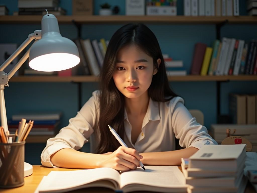 A young woman studying alone at a desk illuminated by a desk lamp, surrounded by books, in a quiet room with a bookshelf in the background.