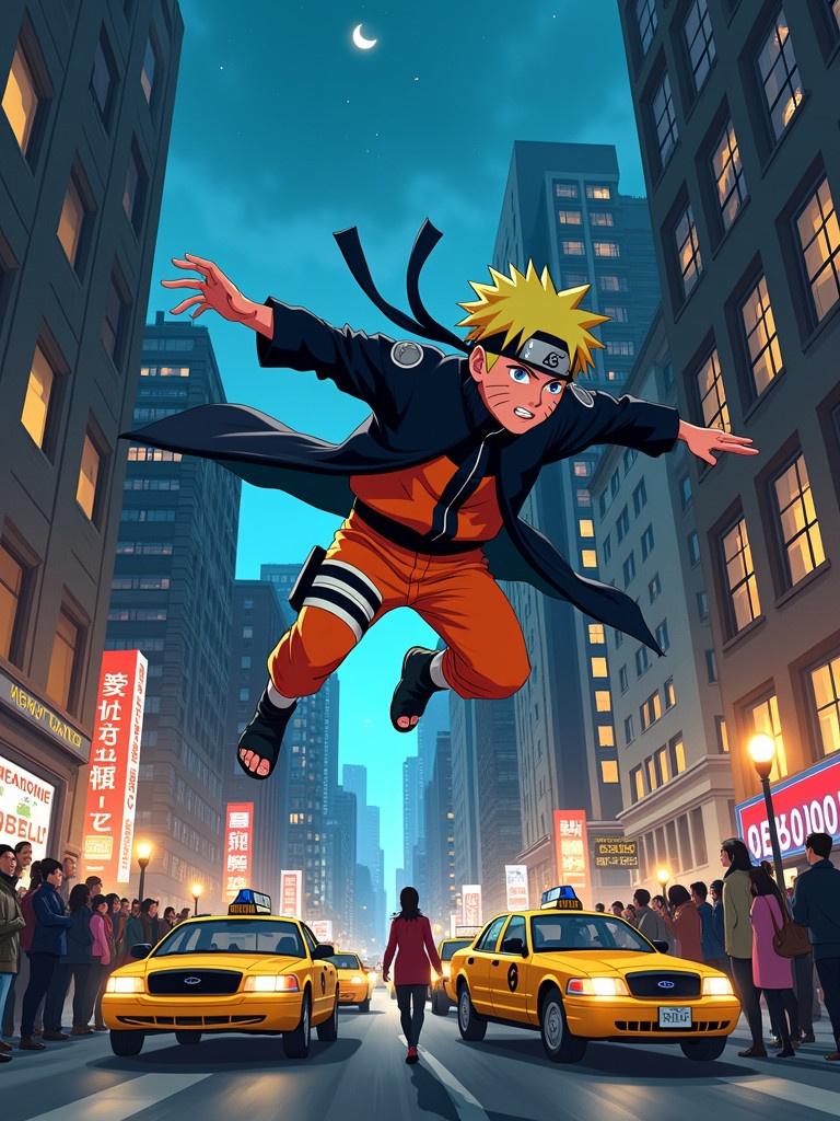 A bustling New York City street scene features leaping Naruto. One Punch Man poses seriously on the side. Yellow taxis fill the street. A diverse crowd gazes in awe. A female ninja on a rooftop with a katana watches. The illustration reflects modern anime culture in an urban environment with bright colors and dramatic lighting at night.