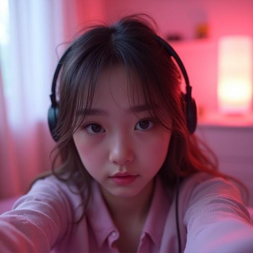 Realistic selfie of an egirl. Petite brunette with a round face. In a pink and white gaming bedroom. Image is slightly blurry.
