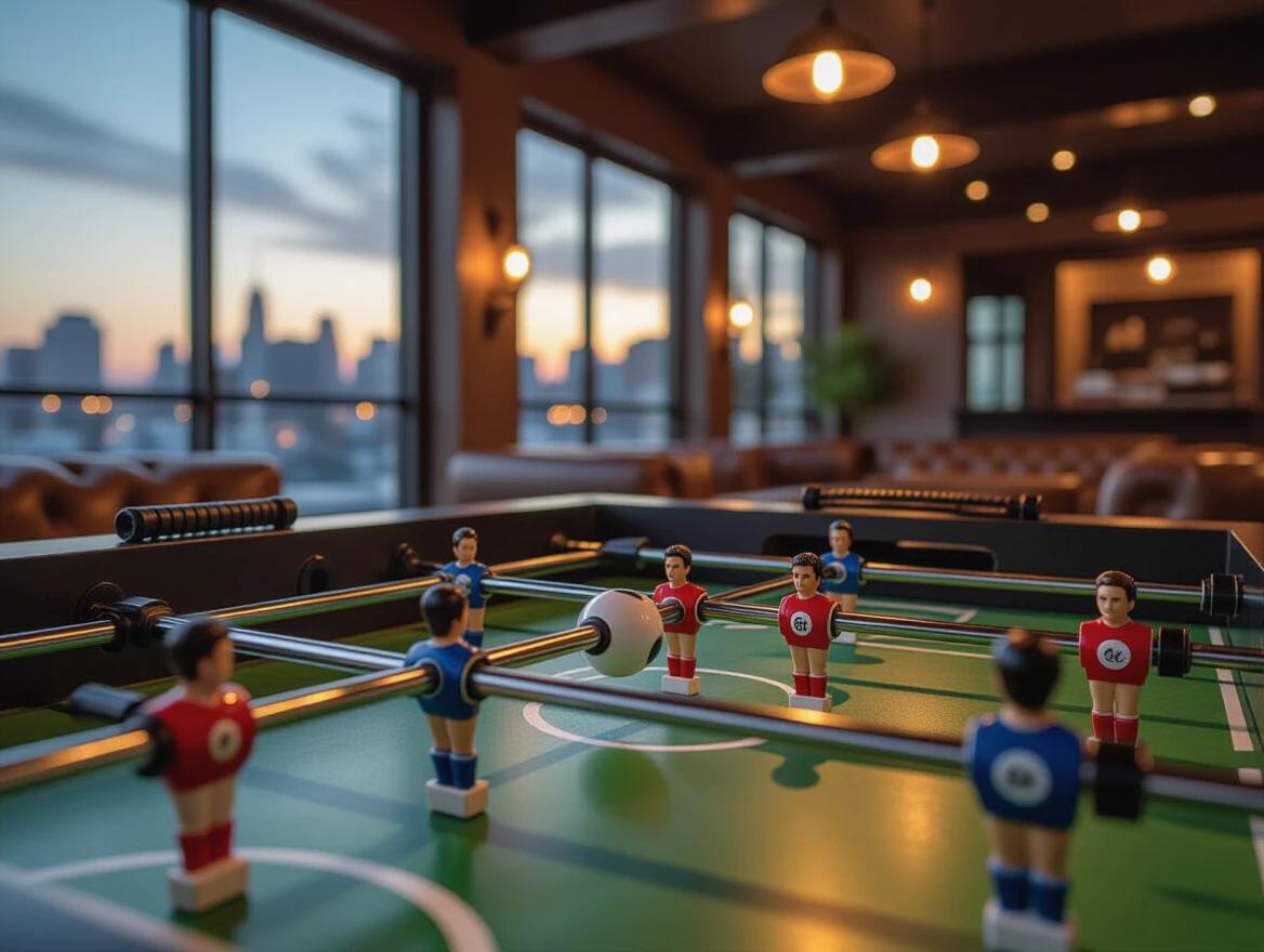 Close-up of foosball match in a game room. Shot shows player figures in action. A foosball rod is spinning. The ball freezes near the goal. Background consists of a luxury game room with large windows showing a city skyline at dusk. Warm interior lights illuminate the scene.