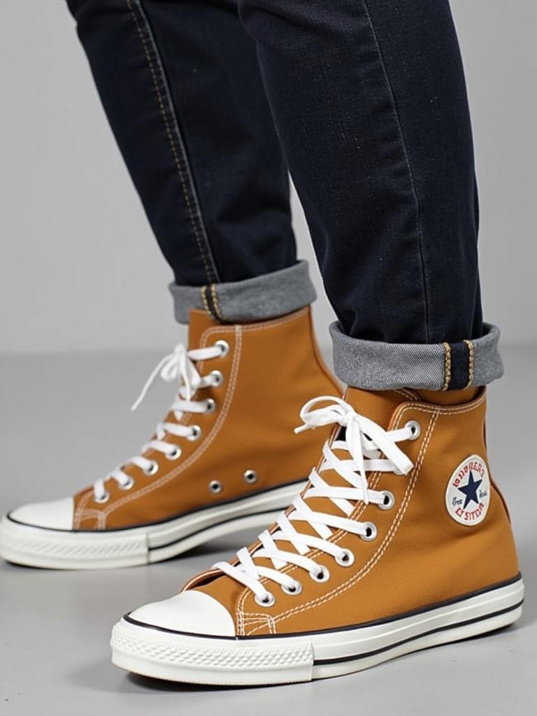 A side view showcases a person wearing high-top sneakers in a tan color. Sneakers feature white laces and a patch logo. Dark denim jeans are rolled up at the ankles to reveal the shoes.