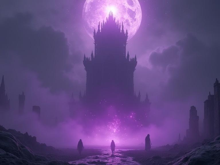 Colossal throne rising from violet mist. Ancient symbols float in air. Abandoned ruins in background. Ghostly figures whisper from fog. Surreal dreamscape. Dark fantasy surrealism.
