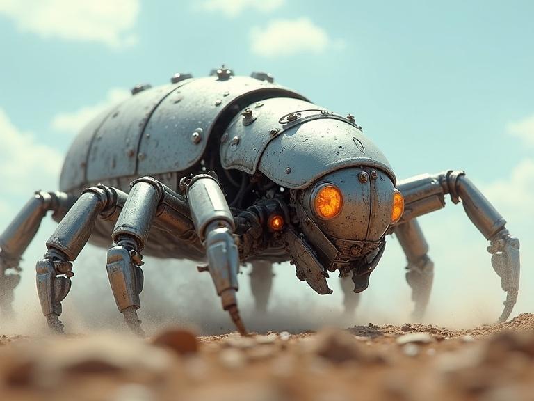 Create a cinematic live action image of a biomechanical centipede robot. The robot should have a metallic exoskeleton, glowing orange red LED lights, and details like metal coil wires. The scene is set under a white sunny blue sky with dusty rocky ground. Include elements like steam, realism, and shadows. The design should evoke a hard science fiction aesthetic.