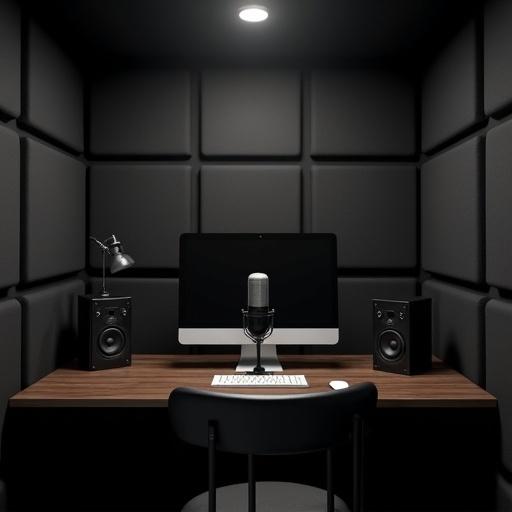 Studio room designed for audio recording. Microphone in the center. Wall panels are black squares for soundproofing. The ceiling is also black. A computer sits on a desk facing the viewer, with a microphone icon displayed.