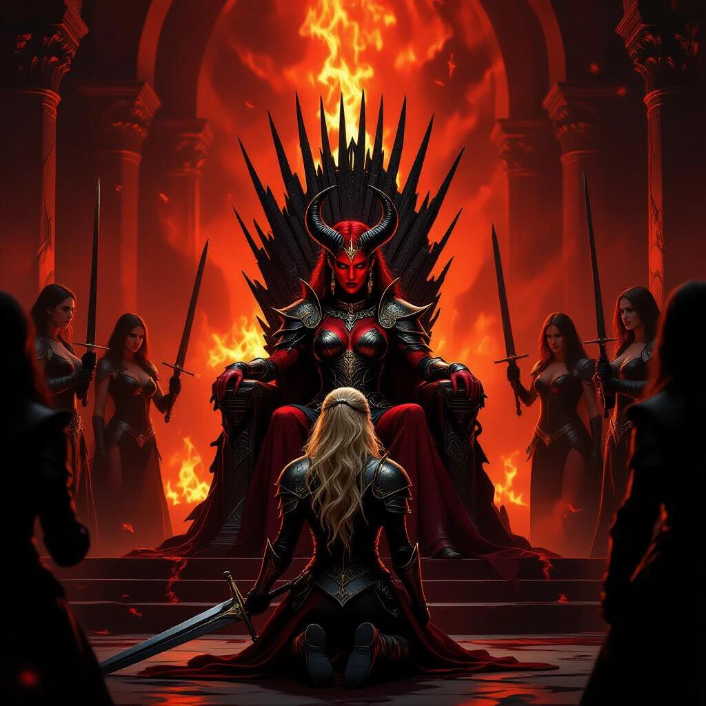 Demon Queen with red and black skin on a throne in a dark throne room. Golden eyes and horns create a formidable presence. Surrounding women in dark leather perform ritualistic actions. A blond female Paladin kneels before the throne, shield and sword broken on the ground.