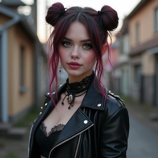 Hyper-realistic cute eastern european goth punk woman with a warm smile. She has light hazel eyes and dark eyeliner. Hair is colorful in two loose buns with black ribbons. Wearing a studded black leather biker jacket over a lace short skirtdress. Her hands adorned with punk goth rings. Standing in an alleyway.
